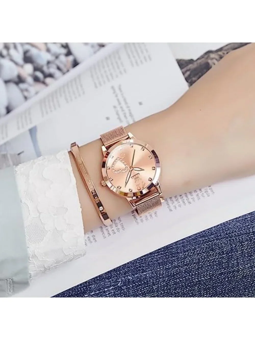 Stylish Rose Gold Women's Watch - Mesh Strap, Waterproof, Luminous, Heart Design